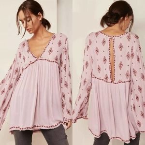 FREE PEOPLE Diamond Embroidered Tunic Top Plum Pink Bell Sleeve Flowy Boho XS